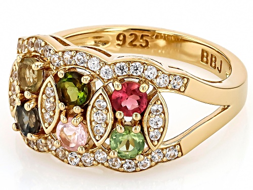 0.54ctw Multi Color Tourmaline With 0.43ctw White Zircon 18k Yellow Gold Over Sterling Silver Ring - Size 9