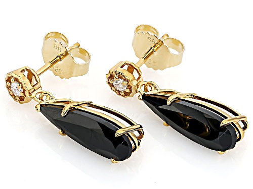 5.10ctw Black Spinel With 0.14ctw Moissanite Fire® 18k Yellow Gold Over Sterling Silver Earrings