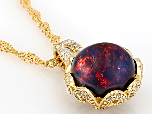 2.04ct Black Ethiopian Opal With 0.27ctw White Zircon 18k Yellow Gold Over Silver Pendant With Chain