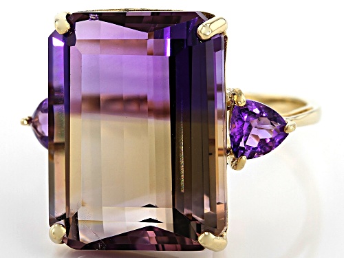 20.39ct Emerald Cut Ametrine With .68ctw Trillion African Amethyst 14k Yellow Gold Ring - Size 7