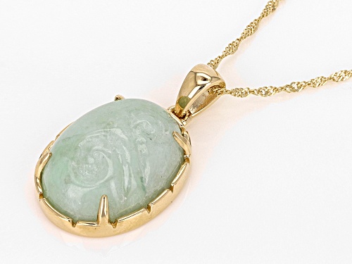 16x12mm Oval Carved Green Jadeite 14k Yellow Gold Pendant with Chain