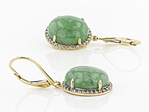 12x10mm Oval Green Jadeite With .55ctw Round White Zircon 14k Yellow Gold Dangle Earrings