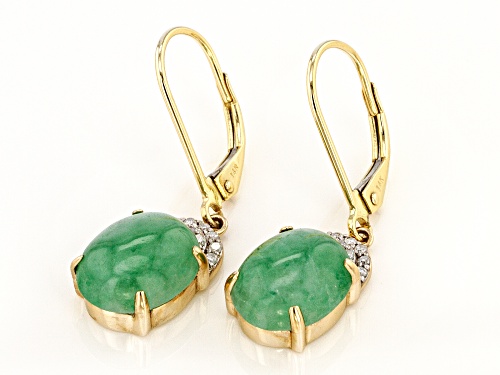 10X8mm Oval Green Jadeite With .09ctw Round White Diamond 14k Yellow Gold Dangle Earrings