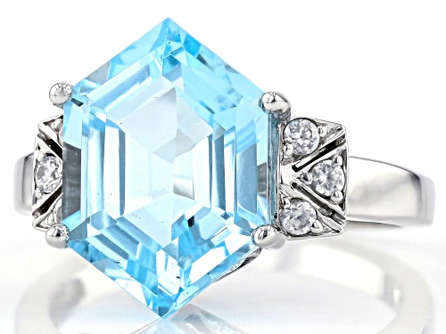 6.04ct Hexagonal Glacier Topaz™ With .15ctw Round White Zircon Rhodium Over 14k White Gold Ring - Size 7