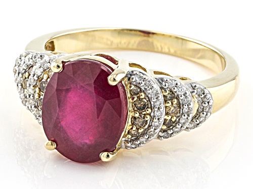 2.74ct Oval Mahaleo® Ruby With 0.24ctw Round White And Champagne Diamonds 14k Yellow Gold Ring - Size 9