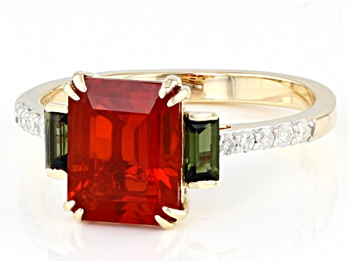 1.44ct Mexican Fire Opal, 0.21ctw Green Tourmaline And 0.11ctw White Diamond 14k Yellow Gold Ring - Size 8