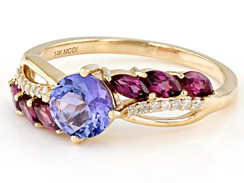 0.72ct Tanzanite with 0.61ctw Grape Color Garnet And 0.04ctw White Diamond 14k Yellow Gold Ring - Size 8