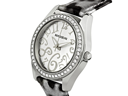 Rousseau Calame Ladies Watch with Leopard Print Genuine Leather Strap and Silver Dial