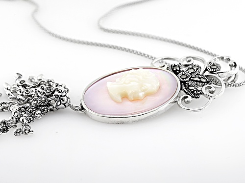Oval Pink Shell With 14x10mm White Mother-Of-Pearl Cameo And Round Marcasite Silver Pendant W/Chain