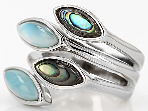 10x4mm Cabochon Marquise Larimar And Abalone Shell Sterling Silver Bypass Ring - Size 6