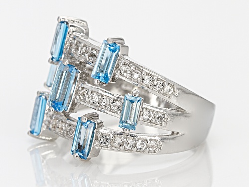 1.20ctw Baguette Swiss Blue Topaz And .40ctw Round White Topaz Sterling Silver Ring - Size 8