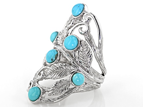 4mm And 5mm Mixed Round Blue Turquoise Rhodium Over Sterling Silver Leaf Ring - Size 5