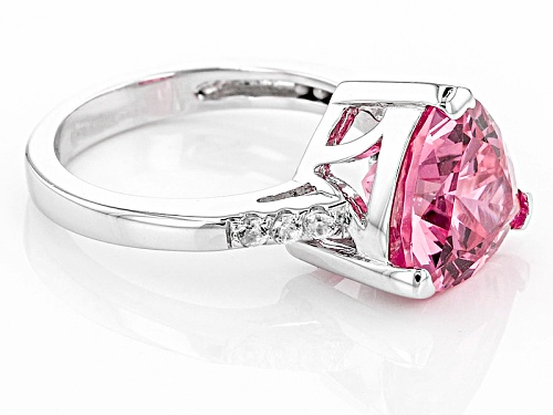4.40ct Trillion Lab Created Pink Yag With .11ctw Round White Zircon Sterling Silver Ring - Size 12