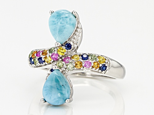 Pear Shape Cabochon Larimar With .74ctw Multi-Sapphire Sterling Silver Bypass Ring - Size 6