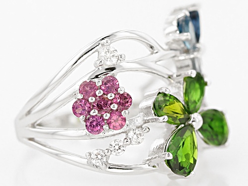 2.16ctw London Blue Topaz, Russian Chrome Diopside, Raspberry Rhodolite And White Zircon Silver Ring - Size 6
