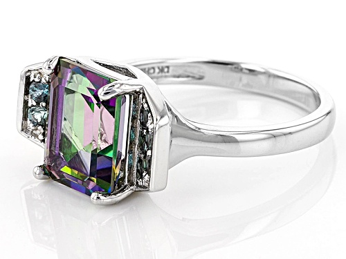 3.30ct Emerald Cut Multi-Color Green Topaz With .32ctw Round Lab Created Alexandrite Silver Ring - Size 8