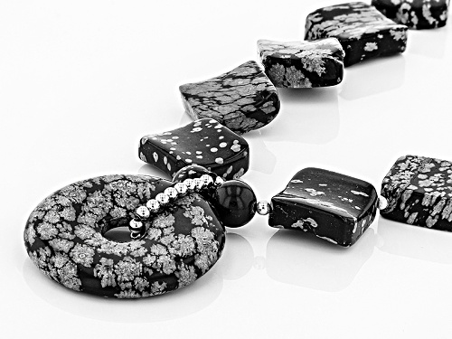 8mm Round, 16mm Fancy Square & 35mm Donut Shape Snowflake Obsidian Sterling Silver Necklace - Size 21