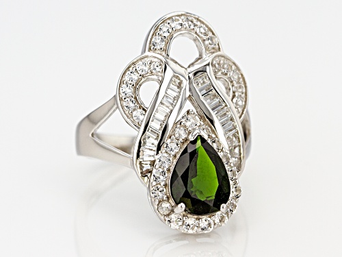 1.70CT PEAR SHAPE RUSSIAN CHROME DIOPSIDE WITH 1.31CTW WHITE TOPAZ STERLING SILVER RING - Size 10