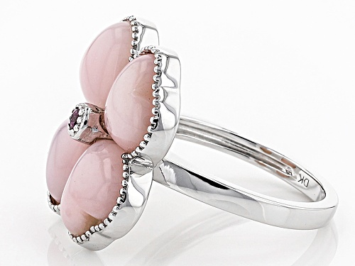 9mm Heart Shape Peruvian Pink Opal & .04ct Round Raspberry Rhodolite Sterling Silver Flower Ring - Size 8
