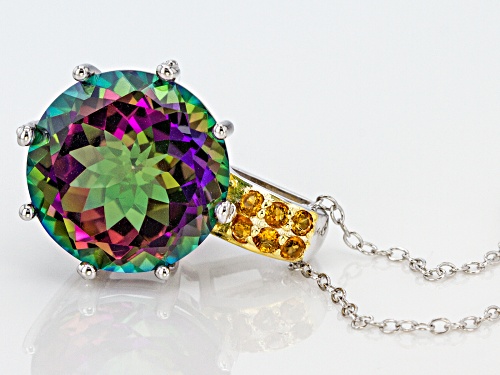 11.05ct round Green mystic Topaz® and .15ctw round citrine silver pendant with chain