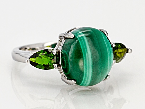 12x10mm Oval Malachite With .92ctw Pear Shape Russian Chrome Diopside Rhodium Over Silver Ring - Size 8