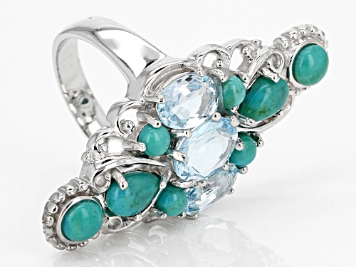 2.59CTW OVAL GLACIER TOPAZ(TM) WITH MIXED SHAPE TURQUOISE RHODIUM OVER STERLING SILVER RING - Size 8