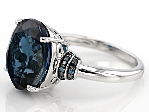 8.16CT OVAL LONDON BLUE TOPAZ WITH .10CTW ROUND BLUE DIAMOND RHODIUM OVER STERLING SILVER RING - Size 9