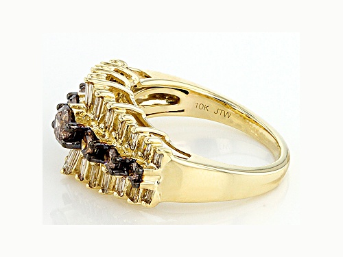 1.25ctw Round And Baguette Champagne Diamond 10k Yellow Gold Ring - Size 6