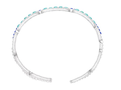 Judith Ripka Turquoise and Lapis Lazuli Rhodium Over Sterling Silver Open Link Cuff Bracelet - Size 7