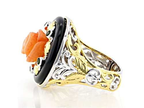 0.26ctw Salmon Coral, Black Onyx, Chrome Diopside Rhod/24K Gold Over Palladium Sterling Silver Ring - Size 11