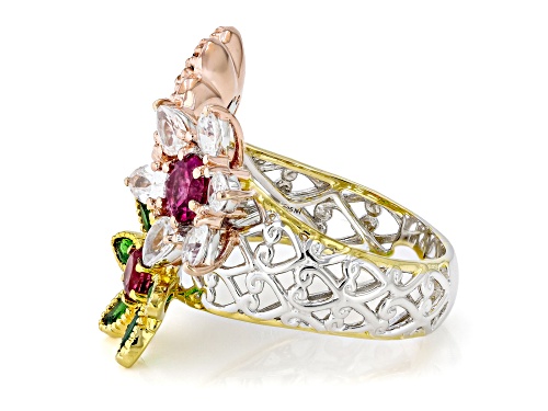 3.80ctw Rubellite, Multi Gemstone Rhodium/18k & 24k Gold Over Palladium Sterling Silver Ring - Size 10
