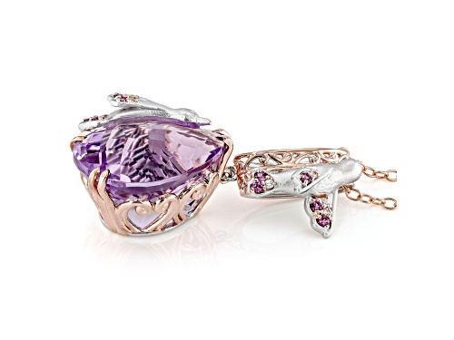 15.35ctw Amethyst, Rhodolite and White Zircon Rhod/18k Rose Gold Over Palladium Silver Pend W/ Chain