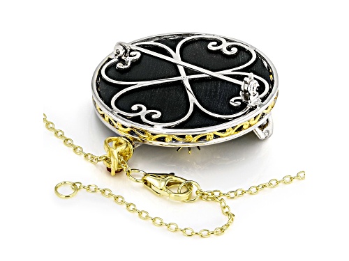 1.30ctw Grizzly Emerald & Onyx Rhodium/24k Gold Over Palladium Silver Pendant Brooch With Chain