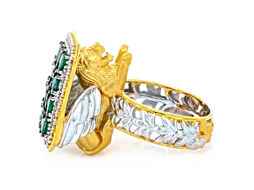 2.98ctw Grizzly Emerald, Zircon Rhodium & 24K Yellow Gold Over Palladium Sterling Silver Ring - Size 9