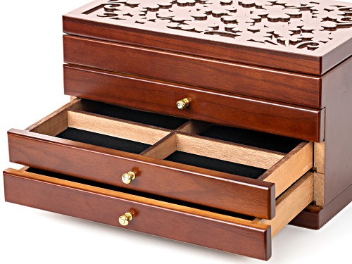 Wooden Floral Jewelry Box With 4 Tiers and Mirror