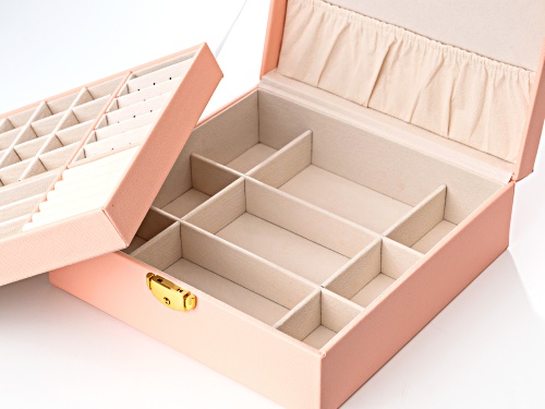 Pink Faux Leather Lockable Jewelry Box with Removable Stacking Interior Layer