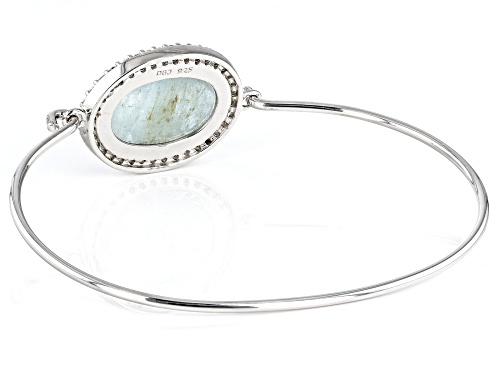 20x15mm Oval Milky Aquamarine And Round Cubic Zirconia Rhodium Over Sterling Silver Bangle Bracelet - Size 6.75