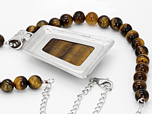 8-9mm Round Bead & 35x20mm Trapezoid Drop Tiger's Eye Sterling Silver Necklace - Size 20
