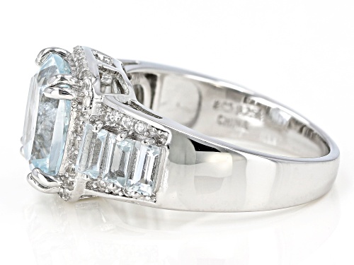3.84ctw Cushion & Baguette Aquamarine With .40ctw White Zircon Rhodium Over Silver Ring - Size 9