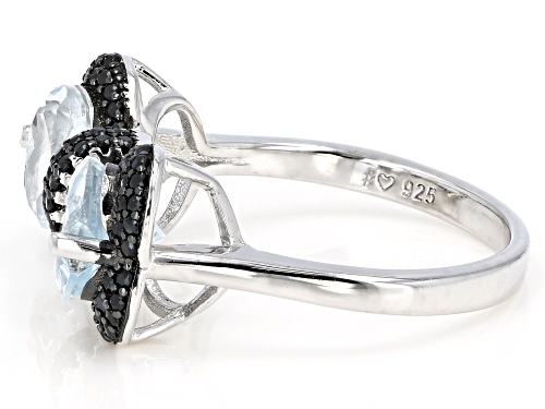 2.08ctw Heart Shape Aquamarine With .46ctw Black Spinel Rhodium Over Silver Bow Ring - Size 8