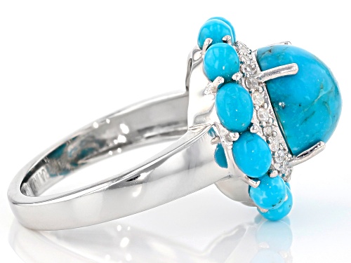 10mm Round & 4x3mm Oval Turquoise With .26ctw Round White Zircon Rhodium Over Silver Ring - Size 7