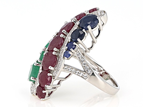 8.28ctw Graduated Ruby, Emerald, Blue Sapphire & White Topaz Rhodium Over Silver Cocktail Ring - Size 8
