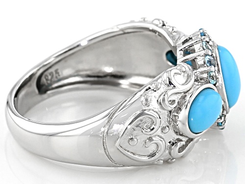 7x5mm and 6x4mm Oval Sleeping Beauty Turquoise W/.24ctw Swiss Blue Topaz Rhodium Over Silver Ring - Size 8