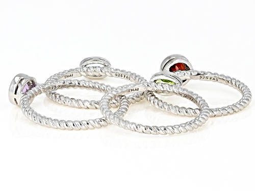 1.32ctw Oval & Round Multi-Color Mixed Gemstone Rhodium Over Silver Set of 4 Stackable Rings - Size 9