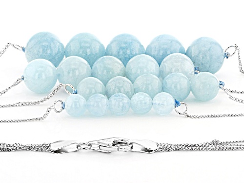 Graduated 6mm, 8mm, 10mm and 12mm round aquamarine bead sterling silver 4 strand necklace - Size 16