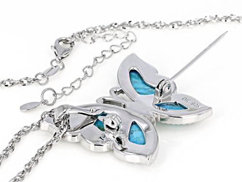 Free-form Turquoise Rhodium Over Sterling Silver Butterfly Brooch/Slide/Enhancer with Chain