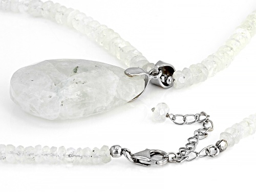 Free-Form Rainbow Moonstone Rhodium Over Sterling Silver Pendant With A Beaded Necklace