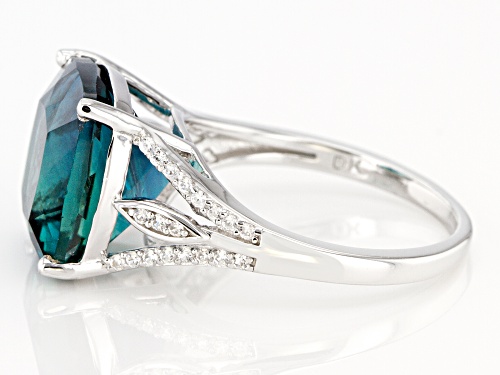 7.23ct Square Cushion Teal Fluorite and .17ctw Round White Zircon Rhodium Over Silver Ring - Size 7