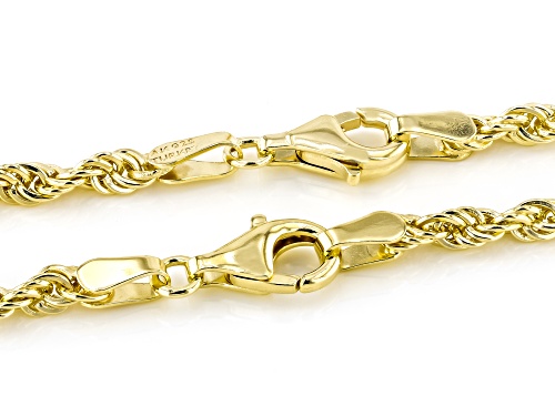 18k Yellow Gold Over Sterling Silver 3mm High Polished Rope Link Bracelet & 18 Inch Chain Set of 2