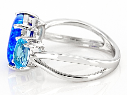 10x8mm Cushion Lab Created Blue Opal With 0.99ctw Swiss Blue Topaz Rhodium Over Silver Ring - Size 8